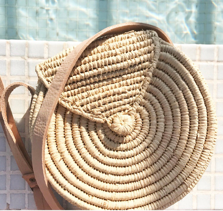 Panier rond en Raphia anses en cuir modèle Classique